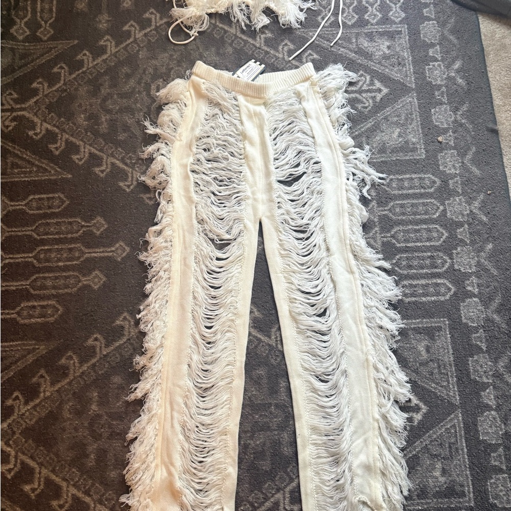 2 piece bra and Fringe Detail Cream Pants